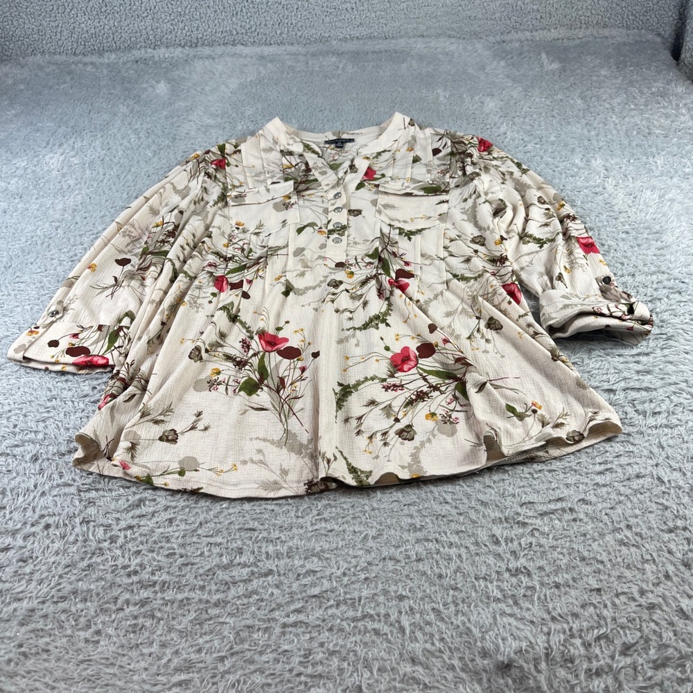 Ava & Grace Floral Henley Blouse Cream Pintuck Button Front Top Size M